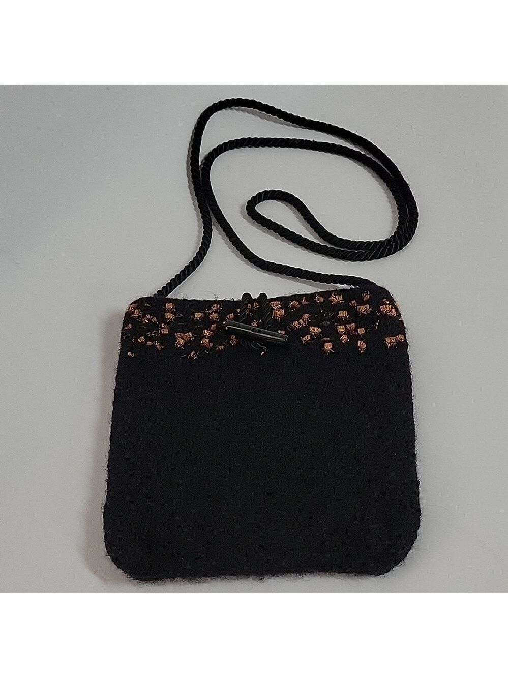 Gorgeous Black Wool/Poly Crossbody Bag with Copper Toned Material Accents